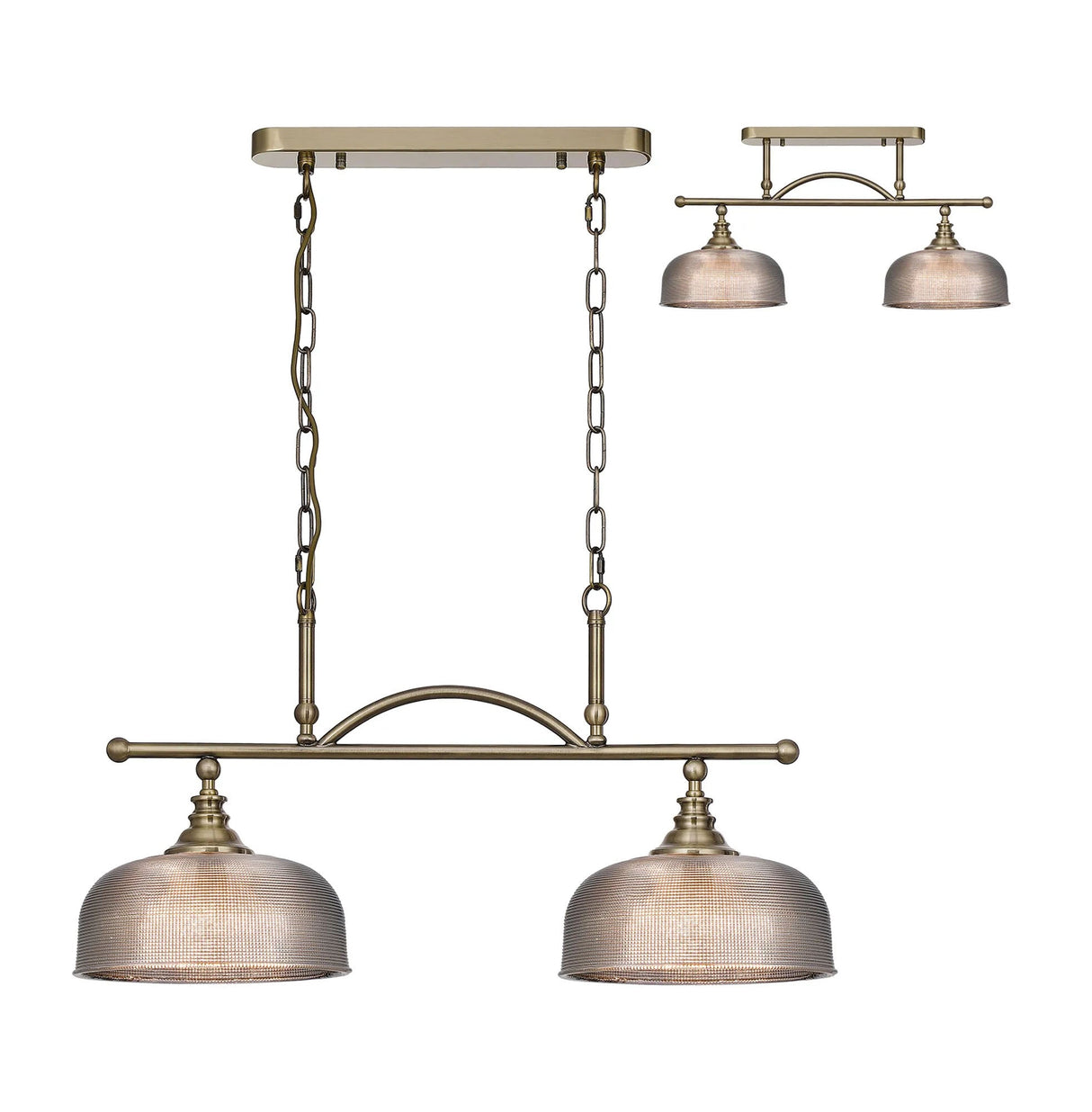Gray Semi Flush/Pendant Bar, 2 Light Adjustable E27, Antique Brass/Smoke Glass