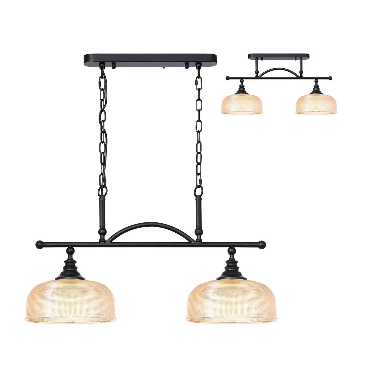 Gray Semi Flush/Pendant Bar, 2 Light Adjustable E27, Satin Black/Amber Glass