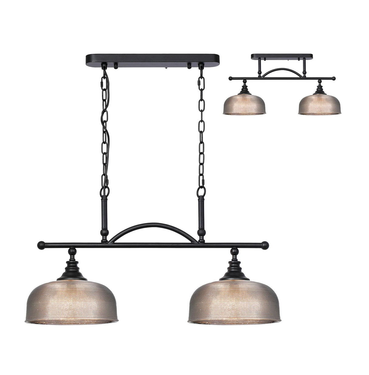 Gray Semi Flush/Pendant Bar, 2 Light Adjustable E27, Satin Black/Smoke Glass