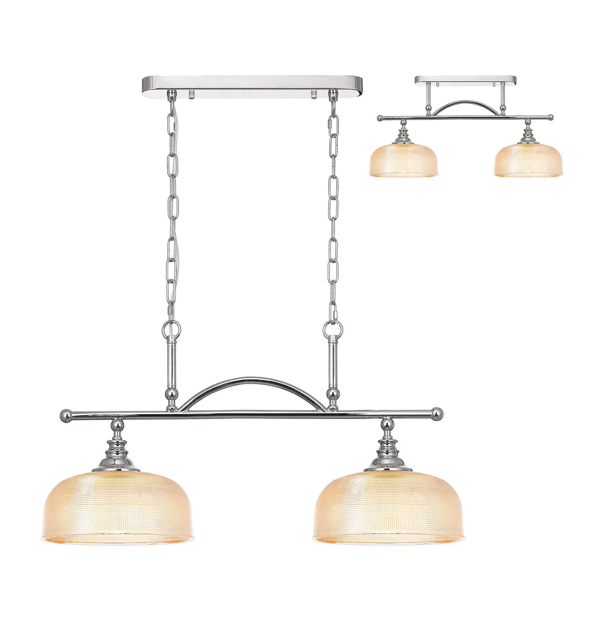 Gray Semi Flush/Pendant Bar, 2 Light Adjustable E27, Polished Nickel/Amber Glass