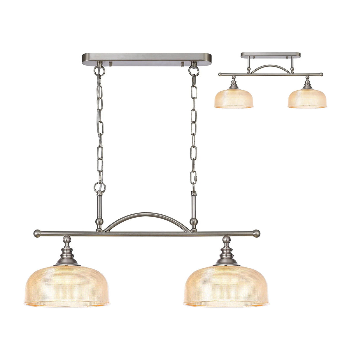 Gray Semi Flush/Pendant Bar, 2 Light Adjustable E27, Satin Nickel/Amber Glass