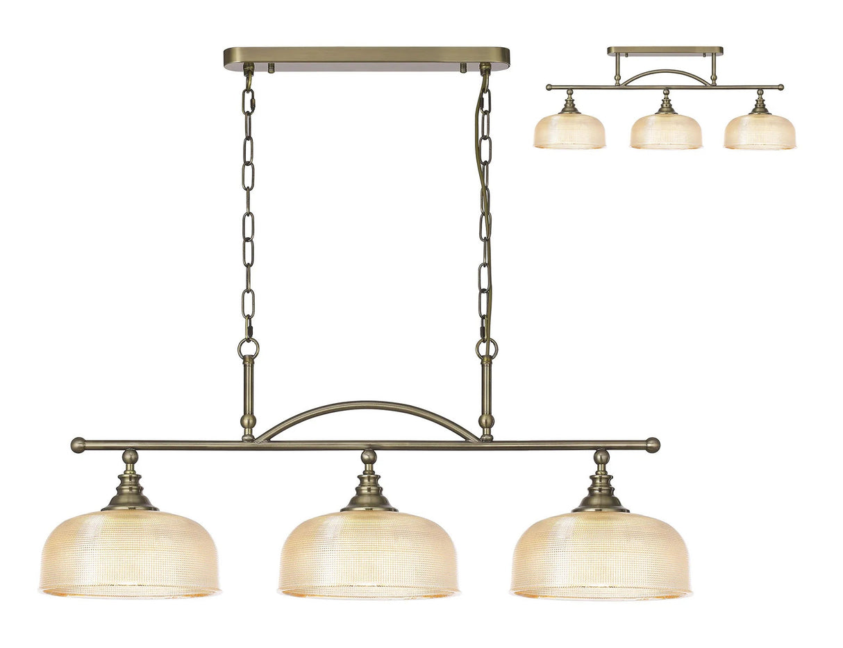 Gray Semi Flush/Pendant Bar, 3 Light Adjustable E27, Antique Brass/Amber Glass