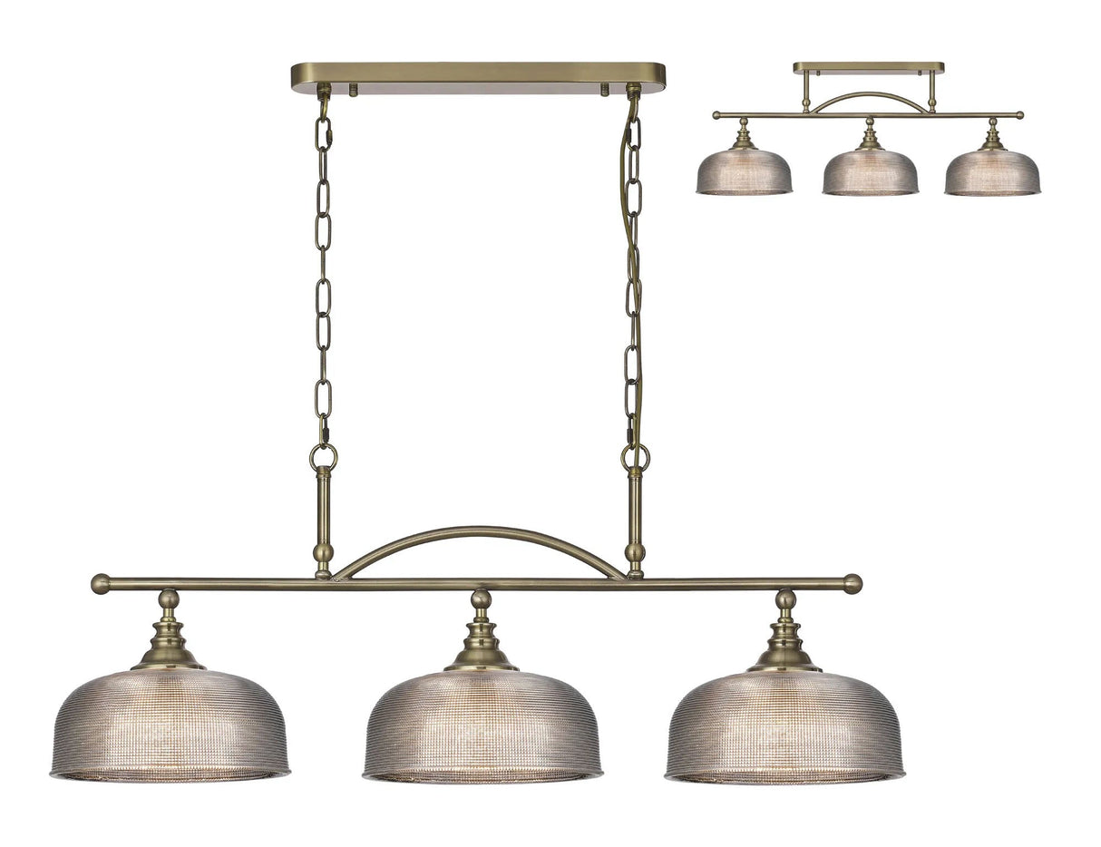 Gray Semi Flush/Pendant Bar, 3 Light Adjustable E27, Antique Brass/Smoke Glass