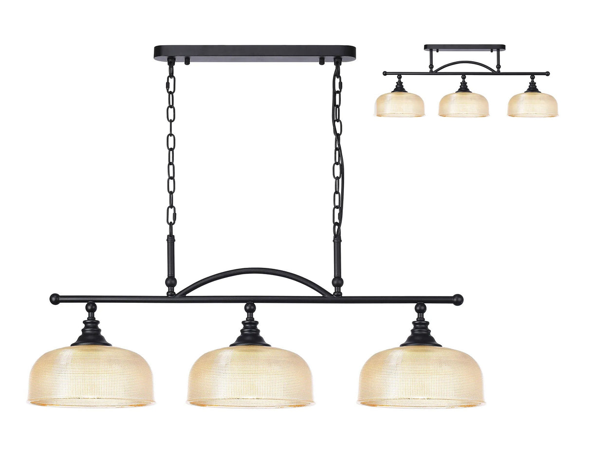 Gray Semi Flush/Pendant Bar, 3 Light Adjustable E27, Satin Black/Amber Glass