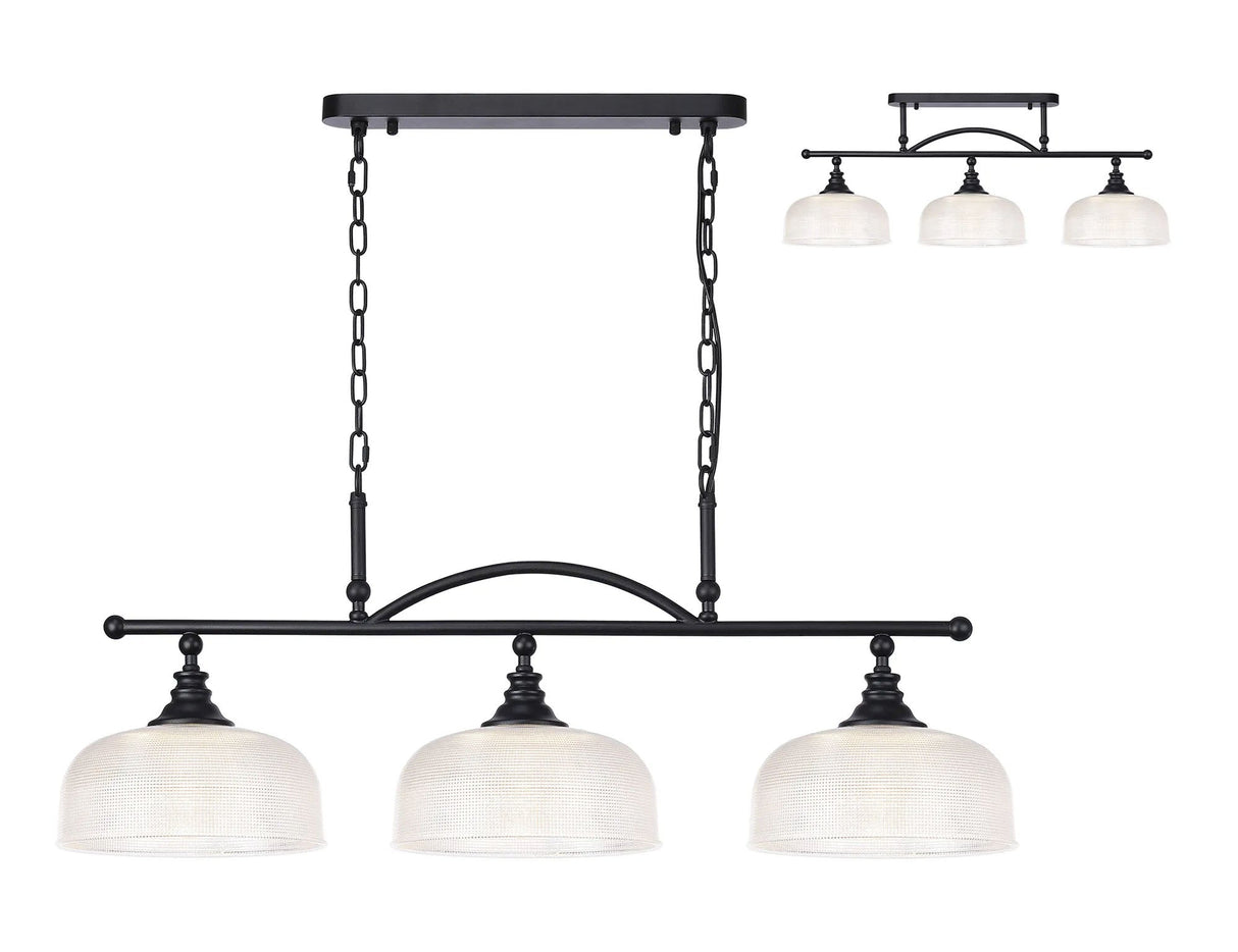 Gray Semi Flush/Pendant Bar, 3 Light Adjustable E27, Satin Black/Clear Glass