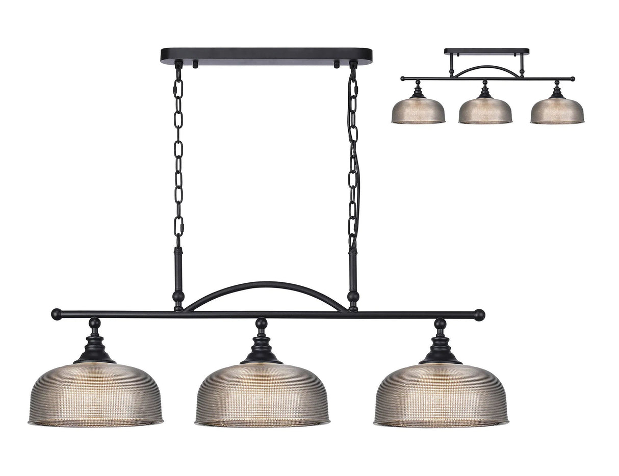 Gray Semi Flush/Pendant Bar, 3 Light Adjustable E27, Satin Black/Smoke Glass