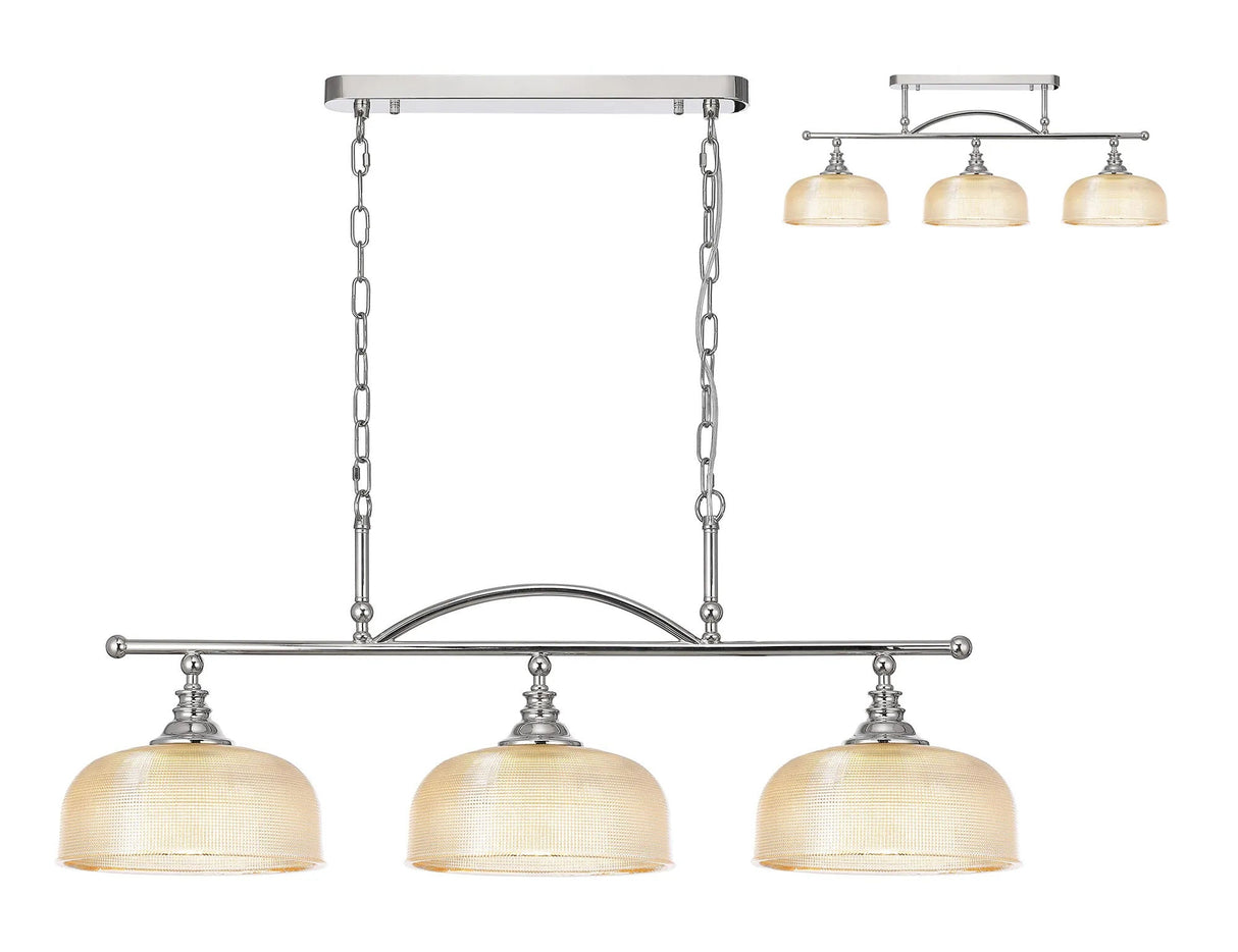 Gray Semi Flush/Pendant Bar, 3 Light Adjustable E27, Polished Nickel/Amber Glass