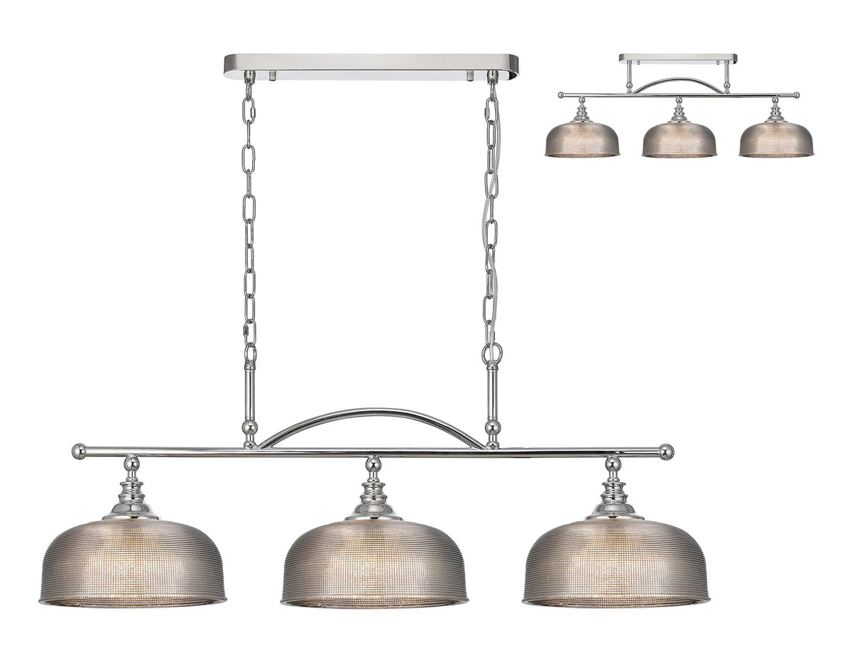Gray Semi Flush/Pendant Bar, 3 Light Adjustable E27, Polished Nickel/Smoke Glass