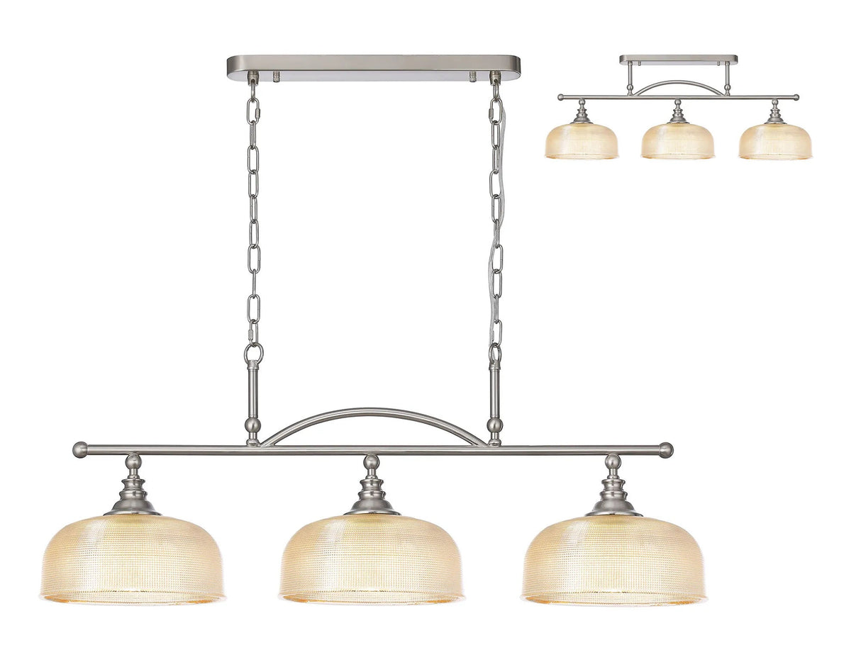 Gray Semi Flush/Pendant Bar, 3 Light Adjustable E27, Satin Nickel/Amber Glass