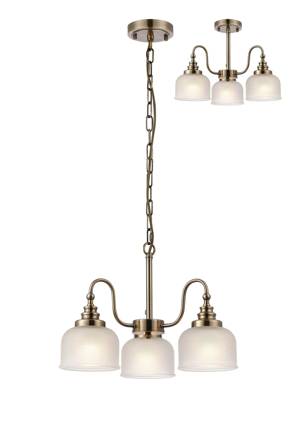 Gray Semi Flush/Pendant, 3 Light E27, Antique Brass/Frosted Glass