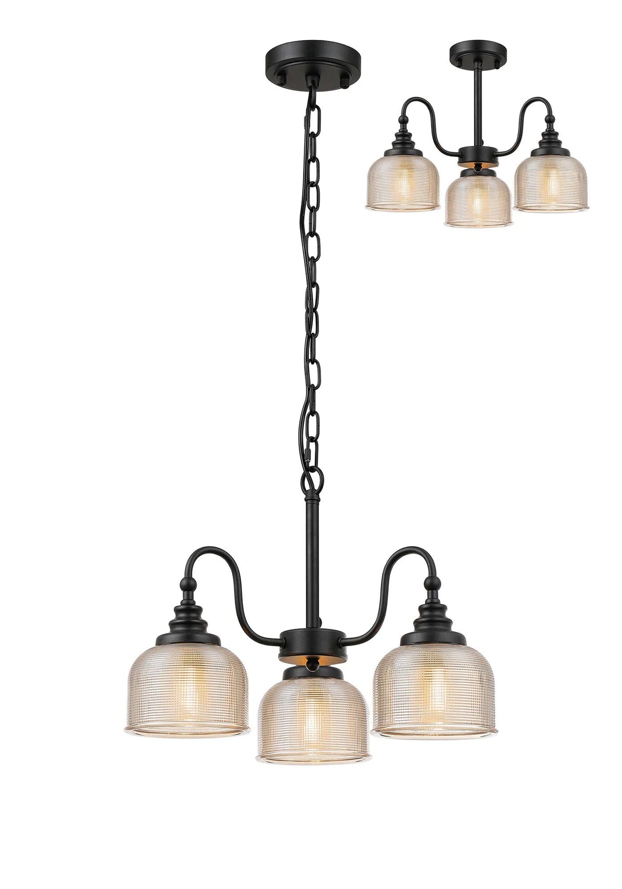 Gray Semi Flush/Pendant, 3 Light E27, Satin Black/Amber Glass