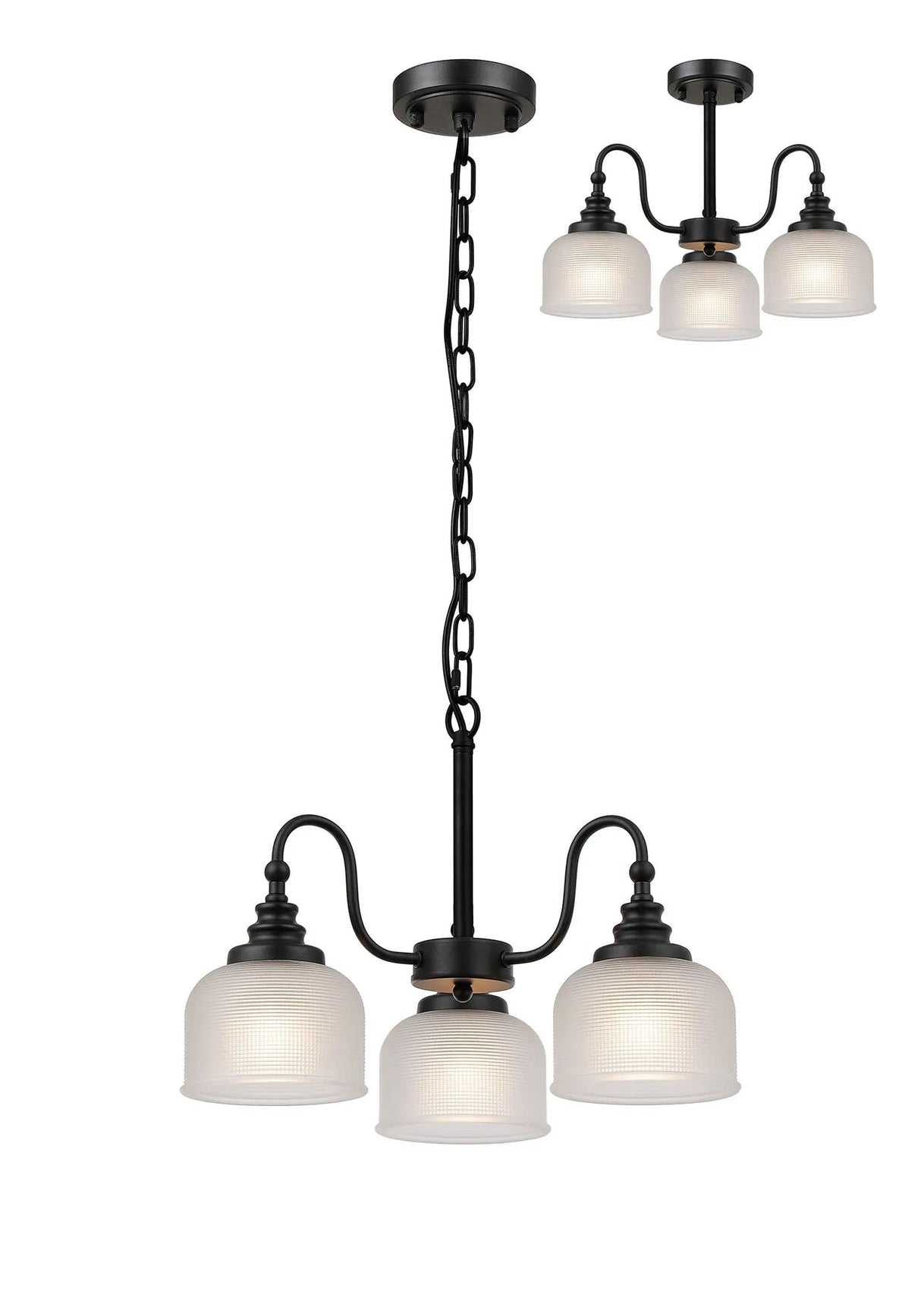 Gray Semi Flush/Pendant, 3 Light E27, Satin Black/Frosted Glass