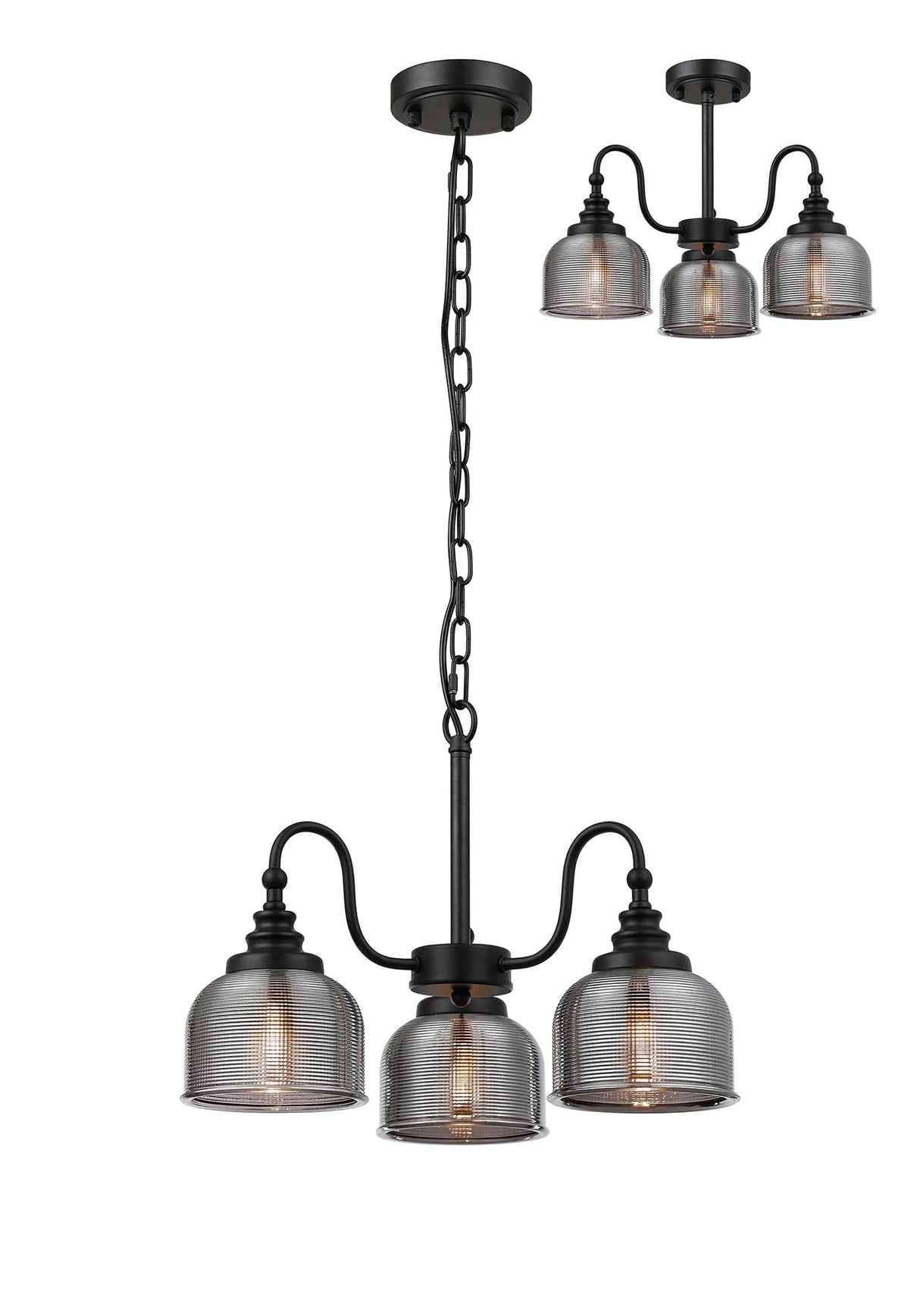 Gray Semi Flush/Pendant, 3 Light E27, Satin Black/Smoke Glass