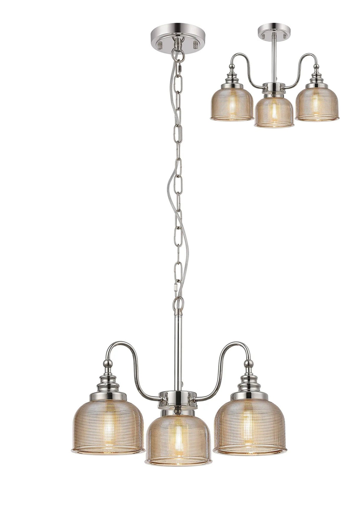 Gray Semi Flush/Pendant, 3 Light E27, Polished Nickel/Amber Glass