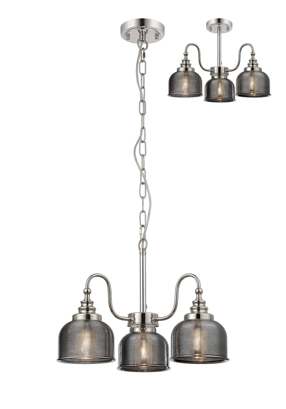 Gray Semi Flush/Pendant, 3 Light E27, Polished Nickel/Smoke Glass