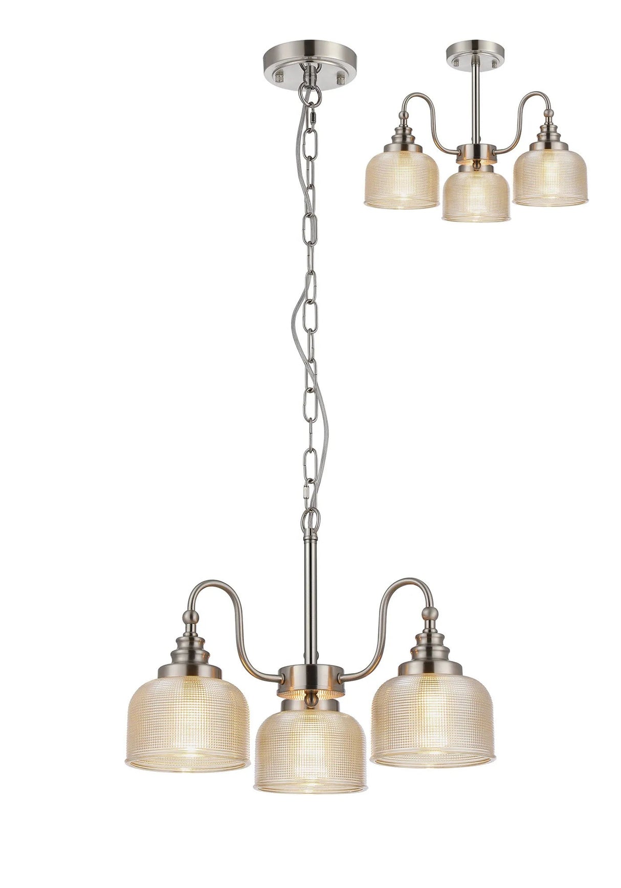 Gray Semi Flush/Pendant, 3 Light E27, Satin Nickel/Amber Glass