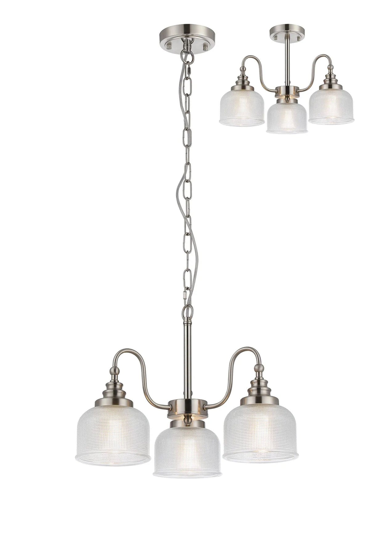 Gray Semi Flush/Pendant, 3 Light E27, Satin Nickel/Clear Glass
