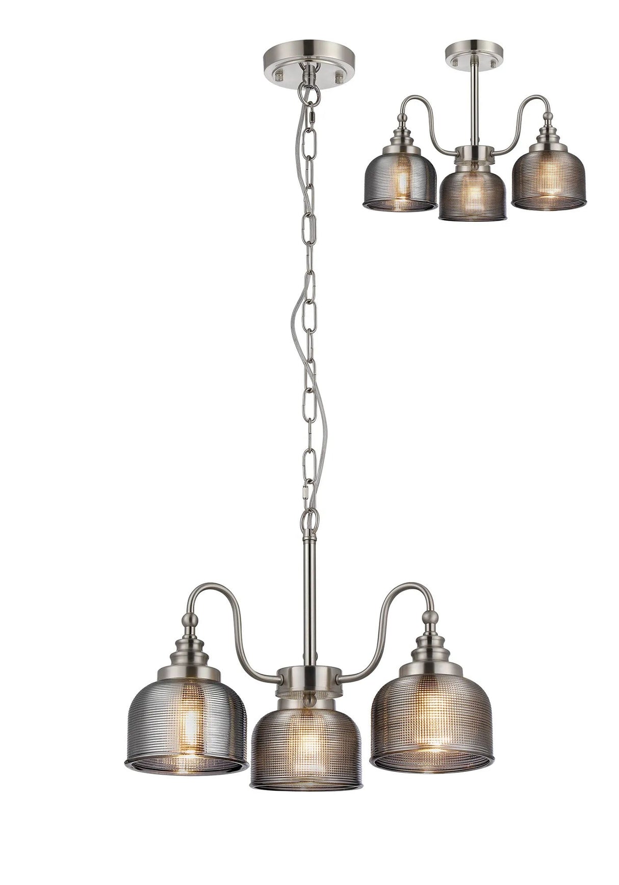 Gray Semi Flush/Pendant, 3 Light E27, Satin Nickel/Smoke Glass