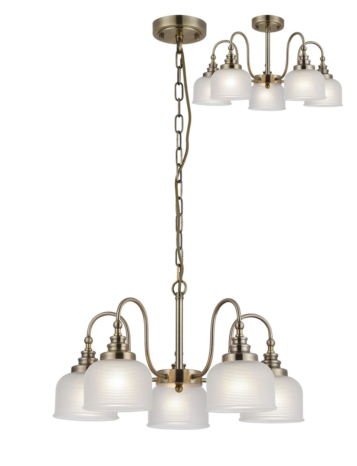 Gray Semi Flush/Pendant, 5 Light E27, Antique Brass/Frosted Glass