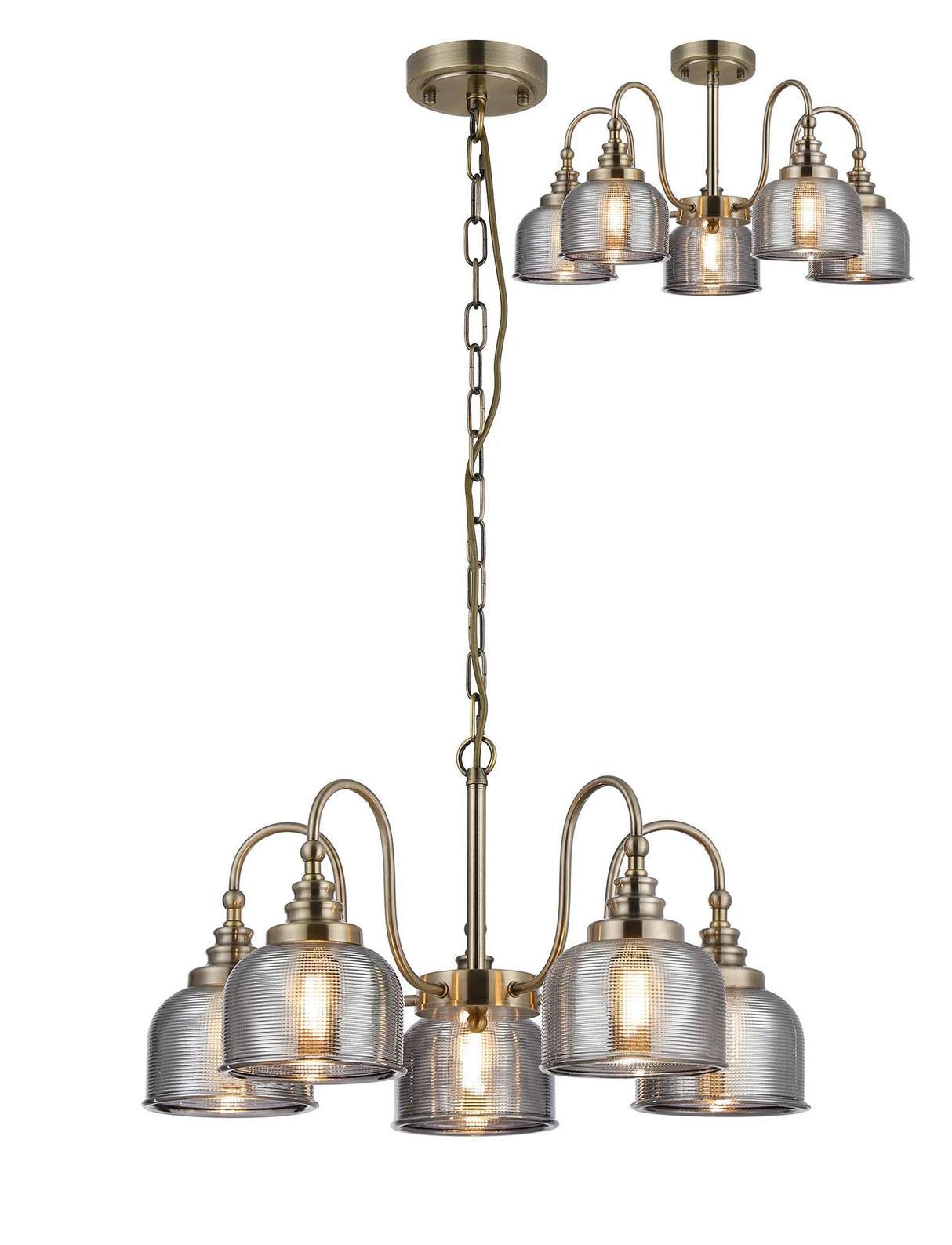 Gray Semi Flush/Pendant, 5 Light E27, Antique Brass/Smoke Glass