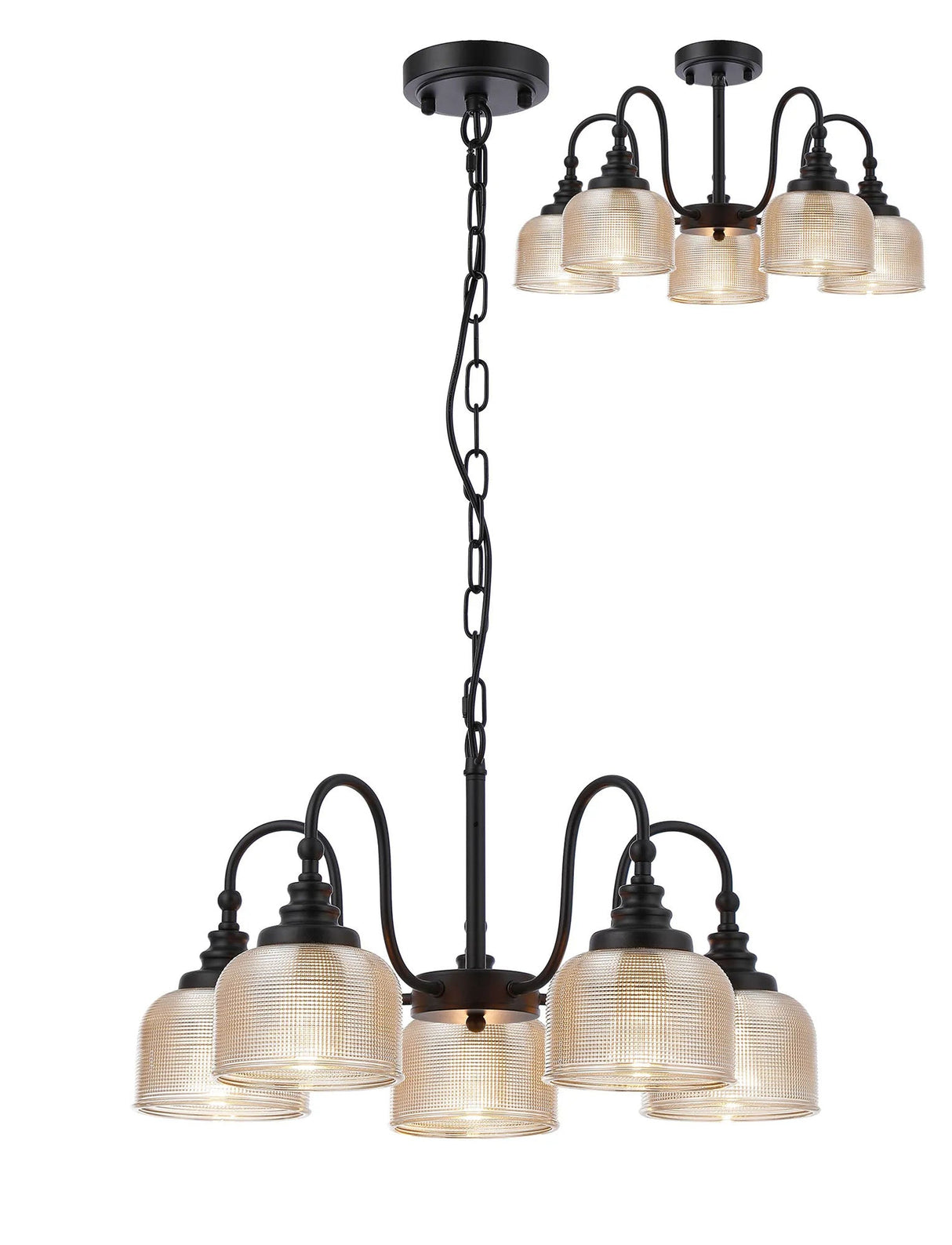 Gray Semi Flush/Pendant, 5 Light E27, Satin Black/Amber Glass
