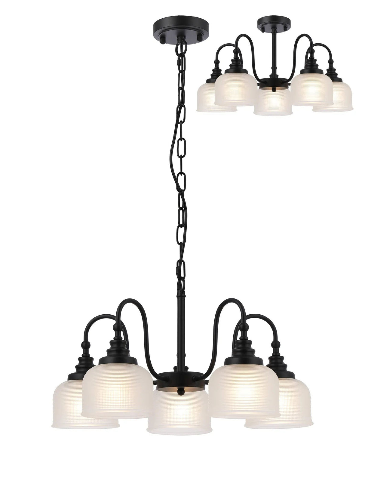 Gray Semi Flush/Pendant, 5 Light E27, Satin Black/Frosted Glass
