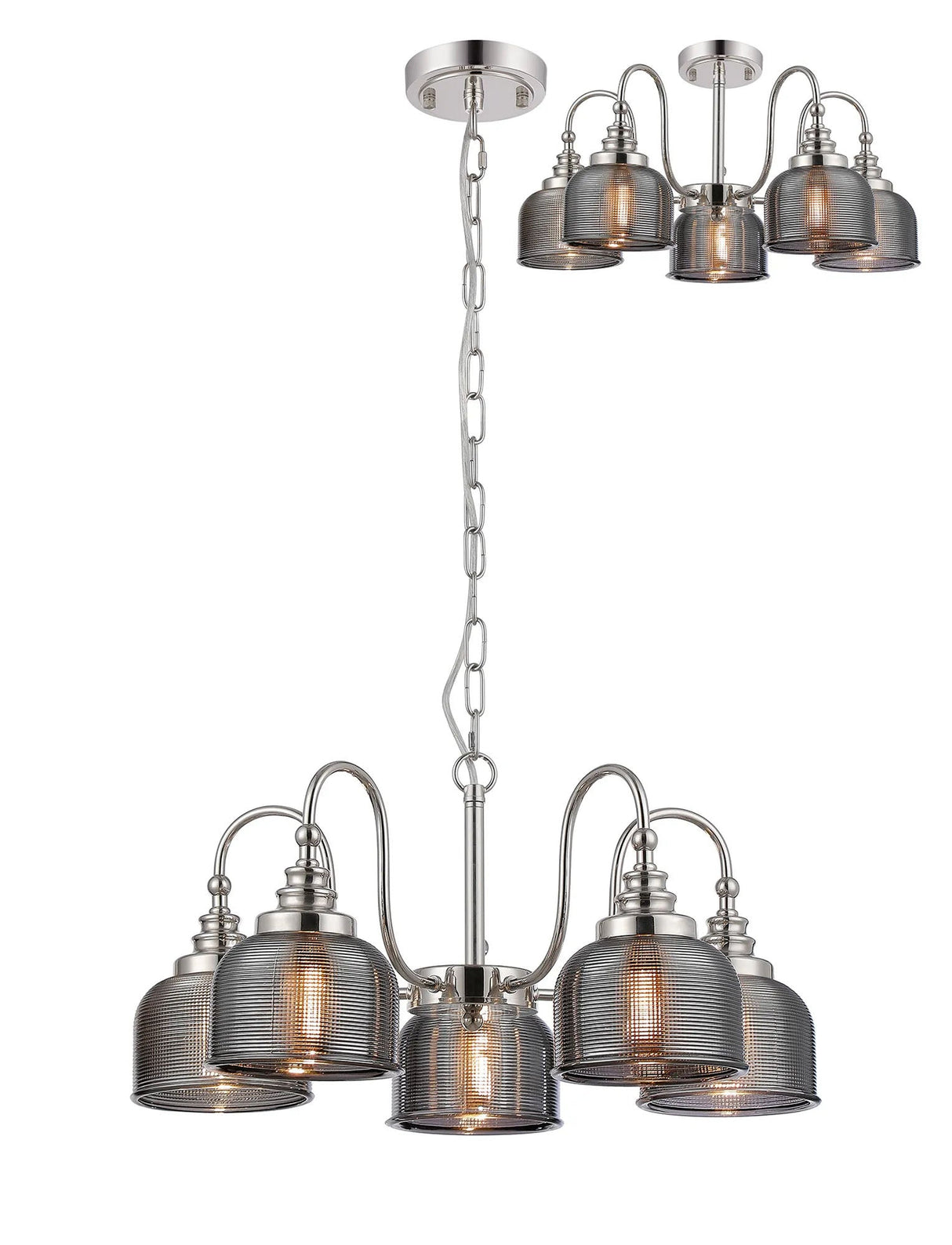 Gray Semi Flush/Pendant, 5 Light E27, Polished Nickel/Smoke Glass