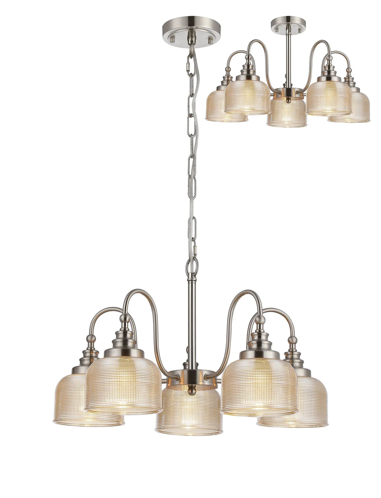 Gray Semi Flush/Pendant, 5 Light E27, Satin Nickel/Amber Glass