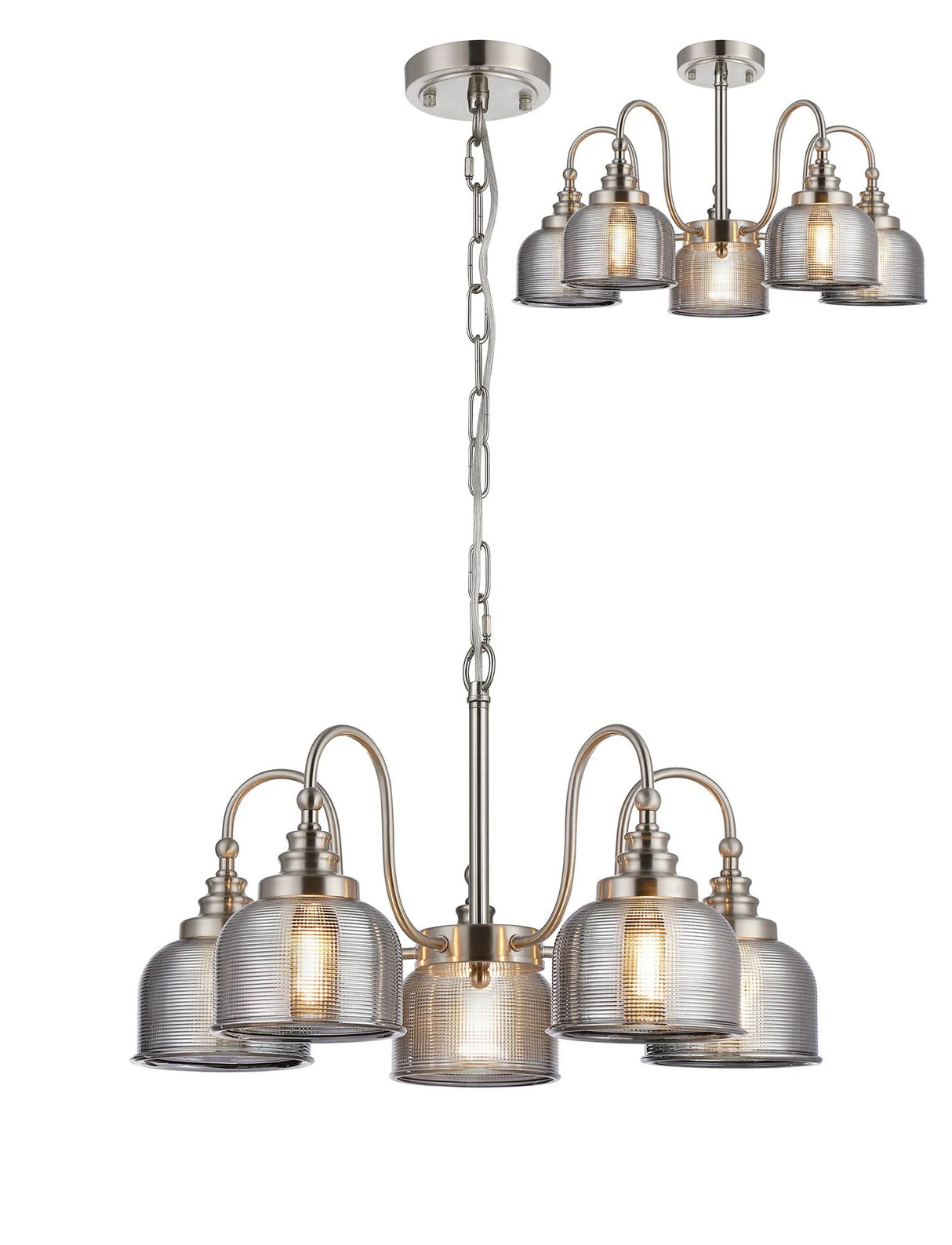 Gray Semi Flush/Pendant, 5 Light E27, Satin Nickel/Smoke Glass