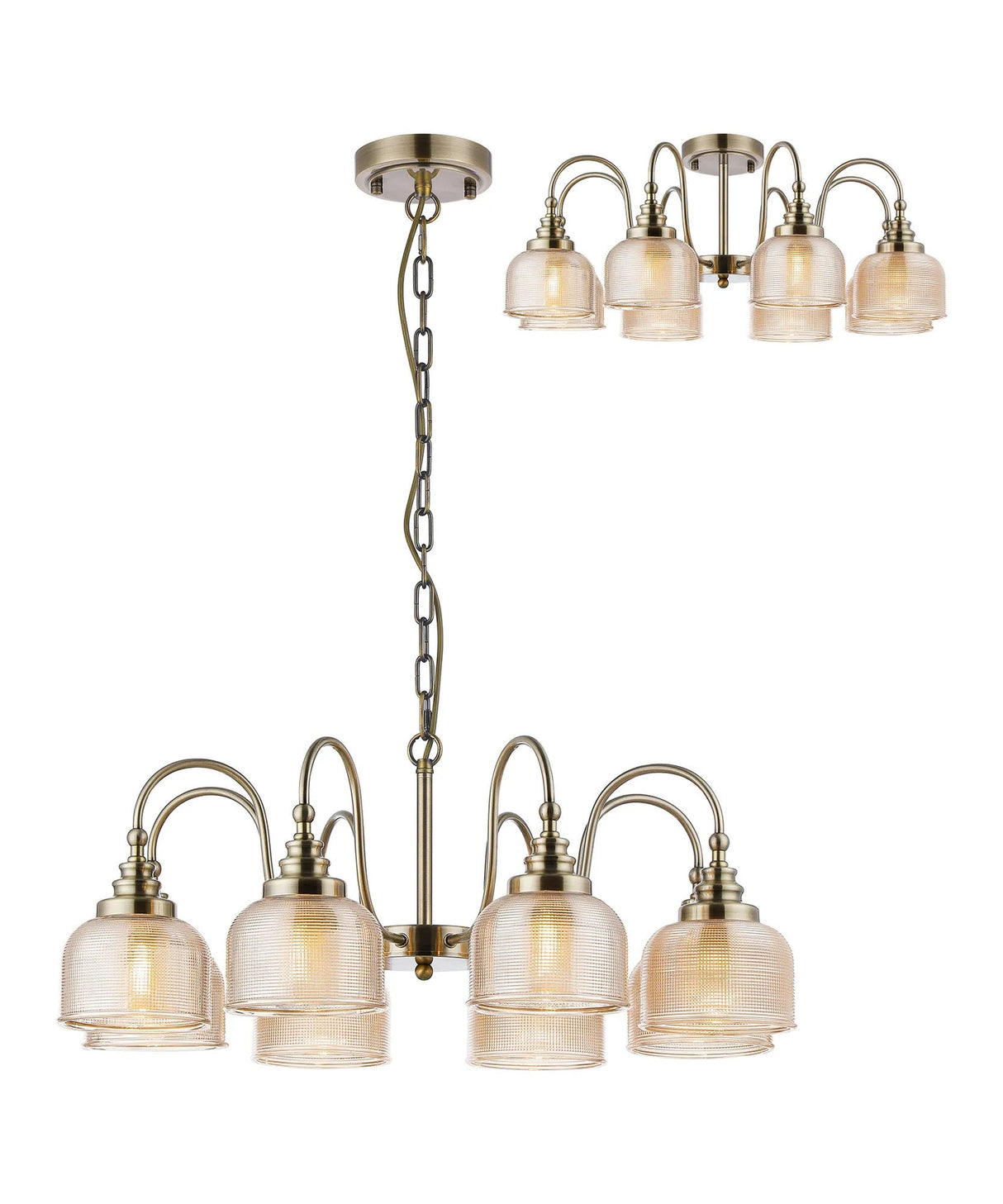 Gray Semi Flush/Pendant, 8 Light E27, Antique Brass/Amber Glass