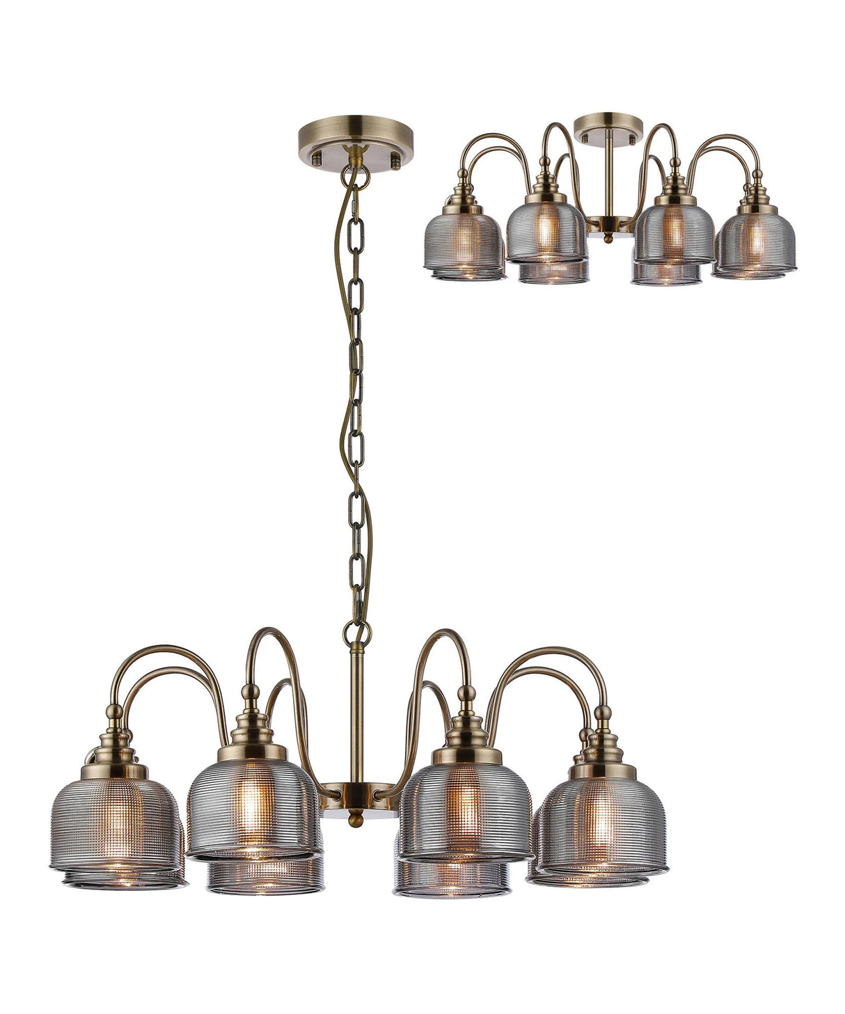 Gray Semi Flush/Pendant, 8 Light E27, Antique Brass/Smoke Glass