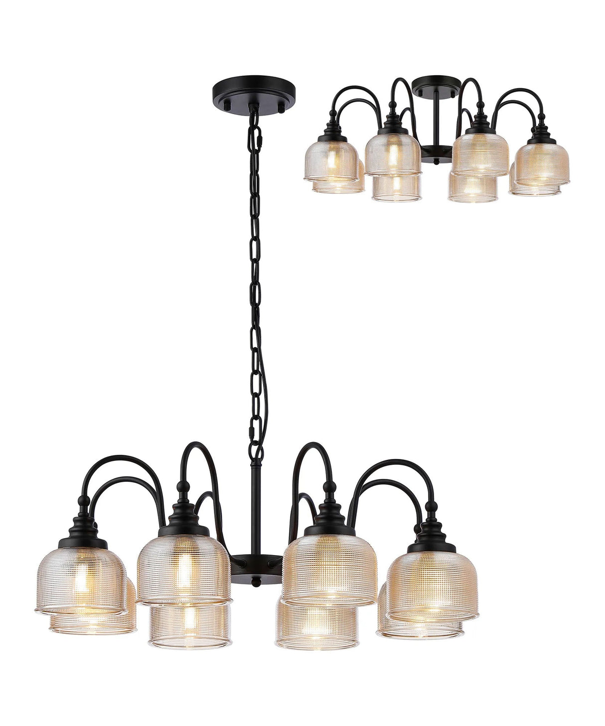 Gray Semi Flush/Pendant, 8 Light E27, Satin Black/Amber Glass