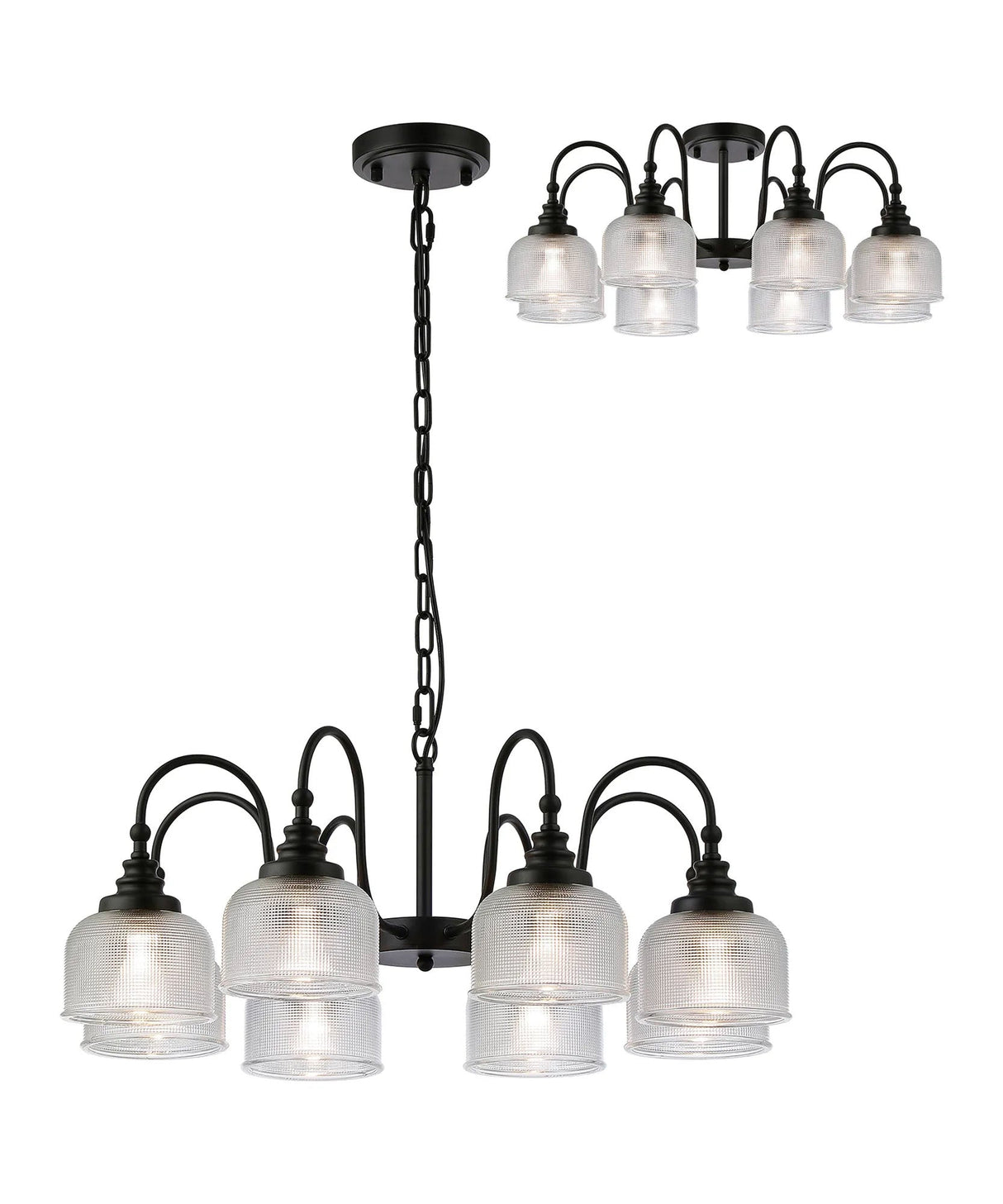 Gray Semi Flush/Pendant, 8 Light E27, Satin Black/Clear Glass