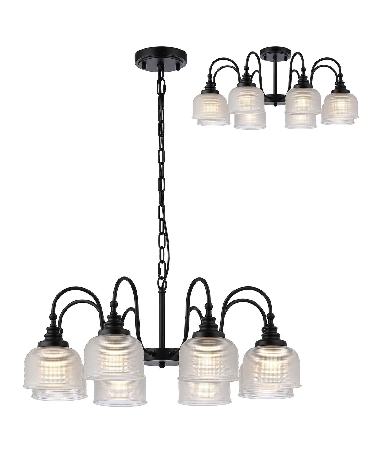 Gray Semi Flush/Pendant, 8 Light E27, Satin Black/Frosted Glass