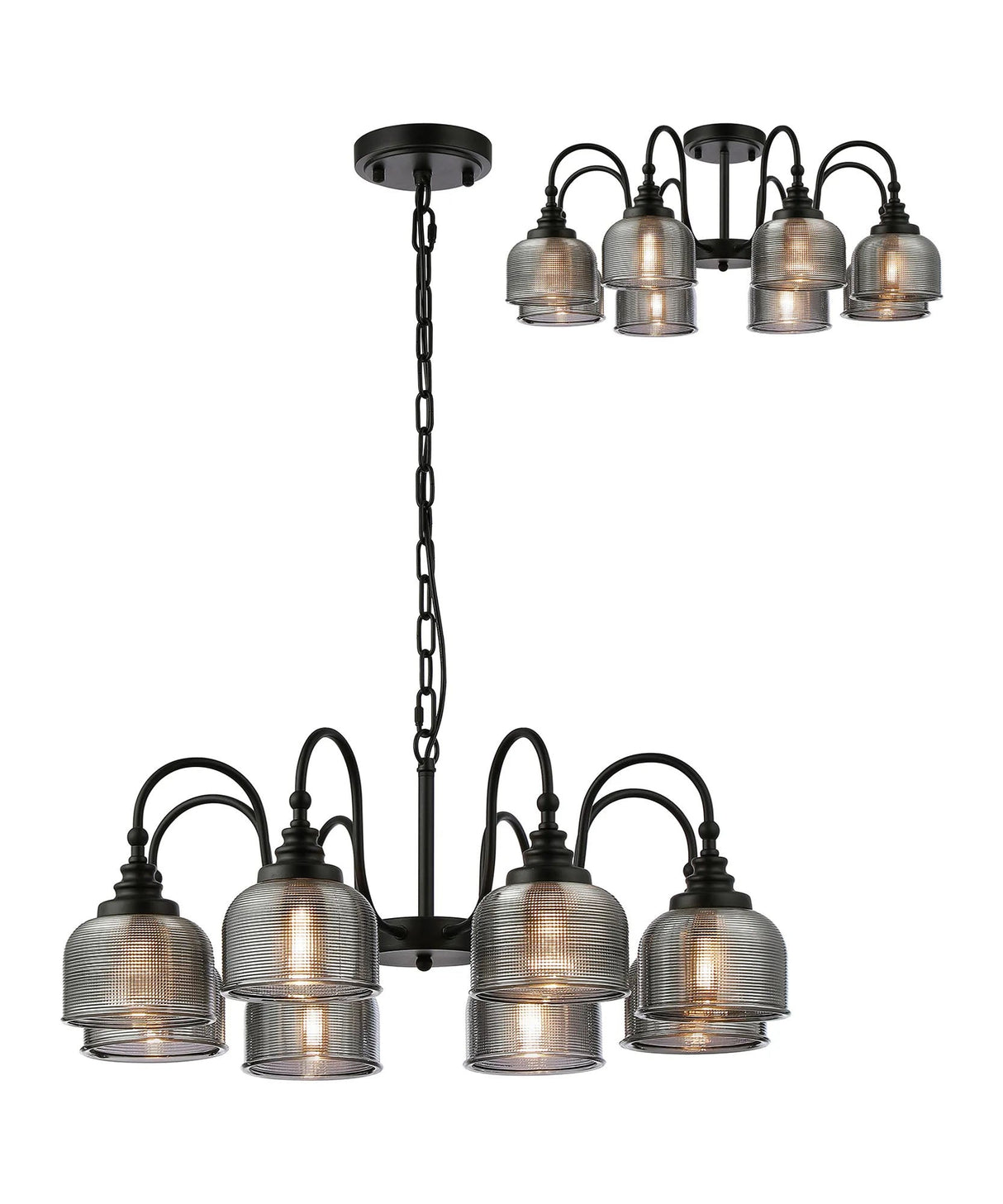 Gray Semi Flush/Pendant, 8 Light E27, Satin Black/Smoke Glass