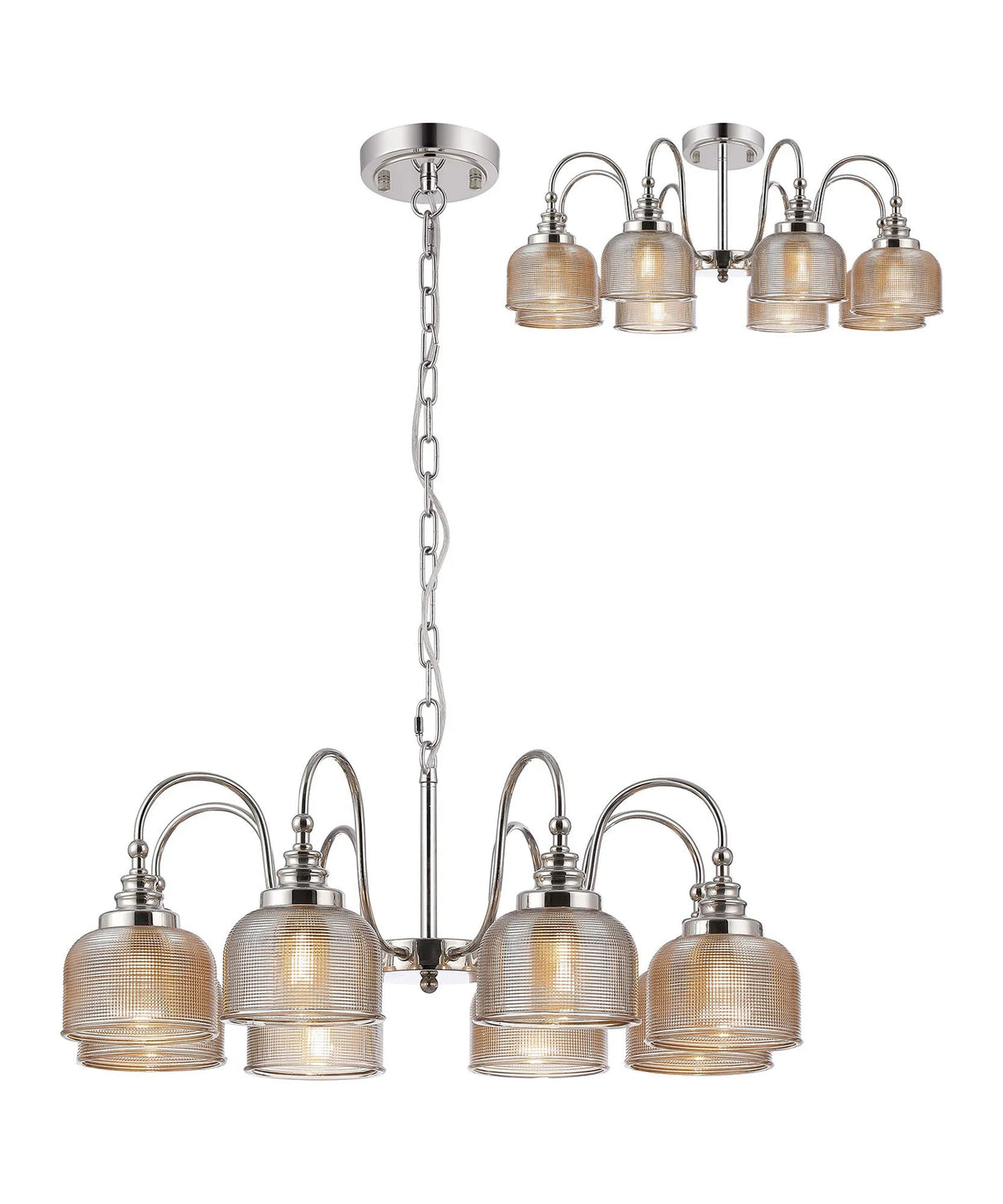 Gray Semi Flush/Pendant, 8 Light E27, Polished Nickel/Amber Glass