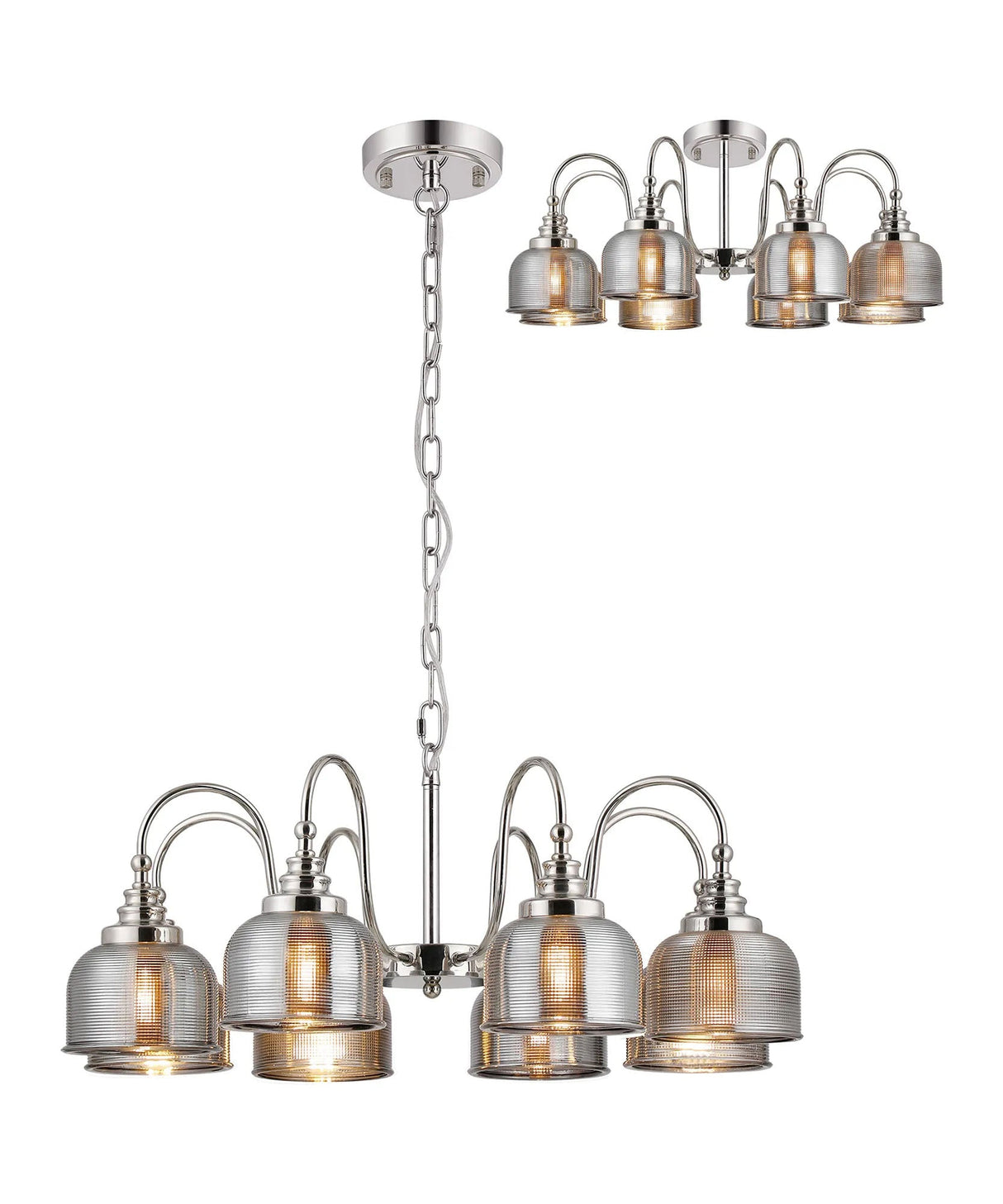 Gray Semi Flush/Pendant, 8 Light E27, Polished Nickel/Smoke Glass