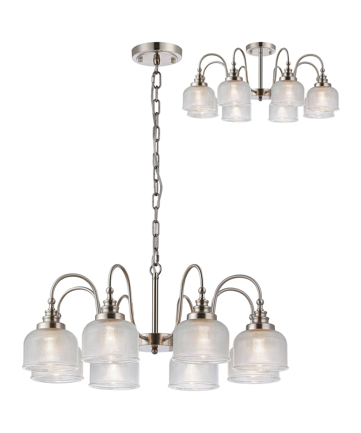 Gray Semi Flush/Pendant, 8 Light E27, Satin Nickel/Clear Glass