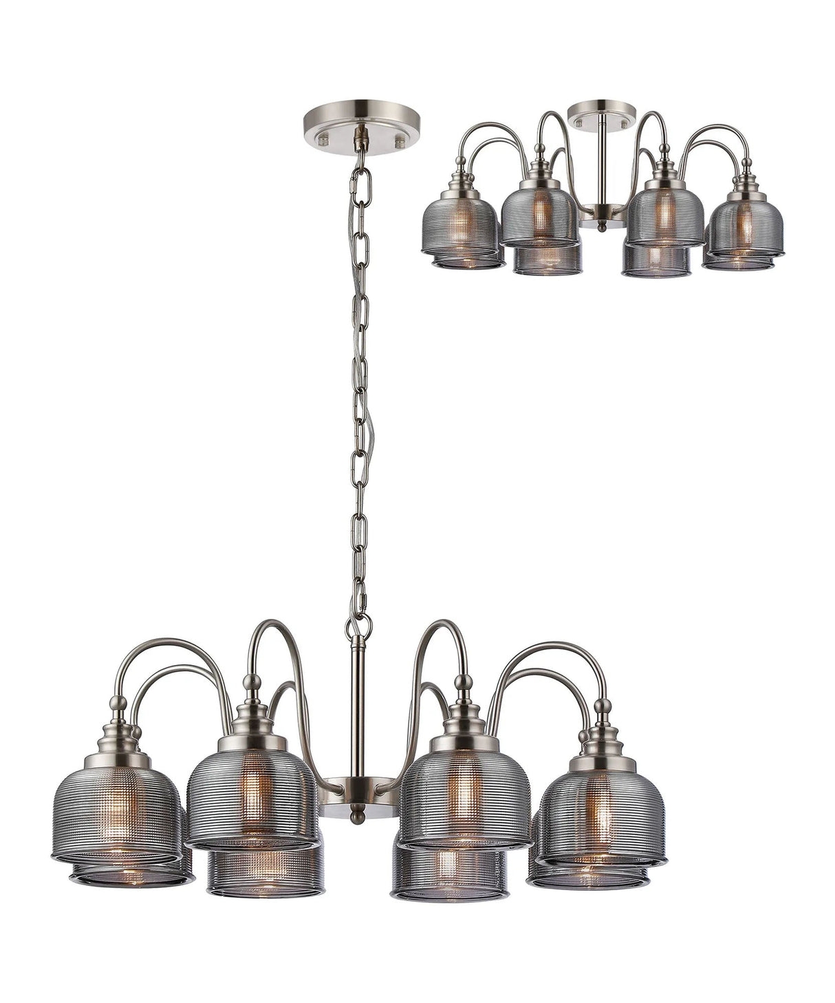 Gray Semi Flush/Pendant, 8 Light E27, Satin Nickel/Smoke Glass