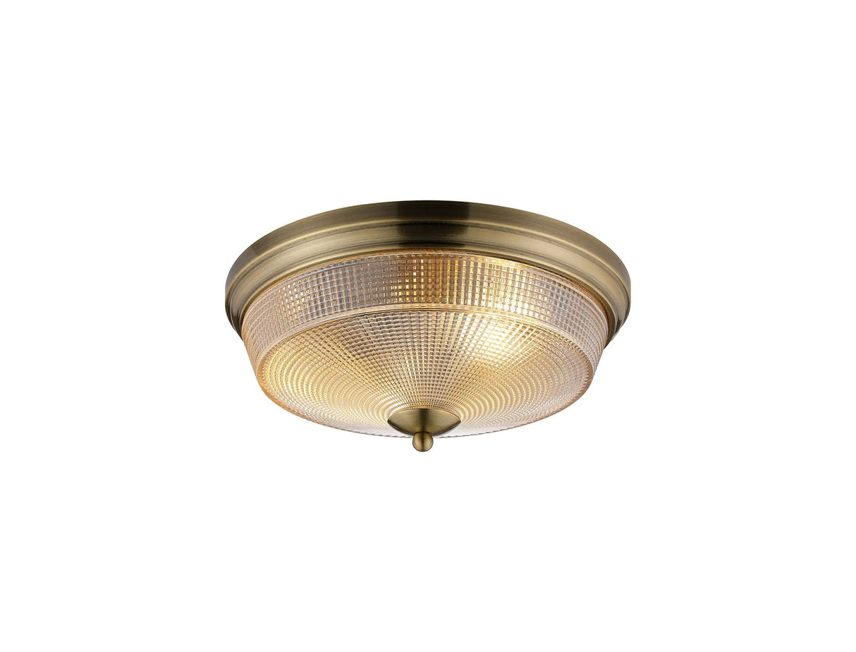 Gray 2 Light E27 Flush Ceiling Light, Antique Brass/Amber Glass