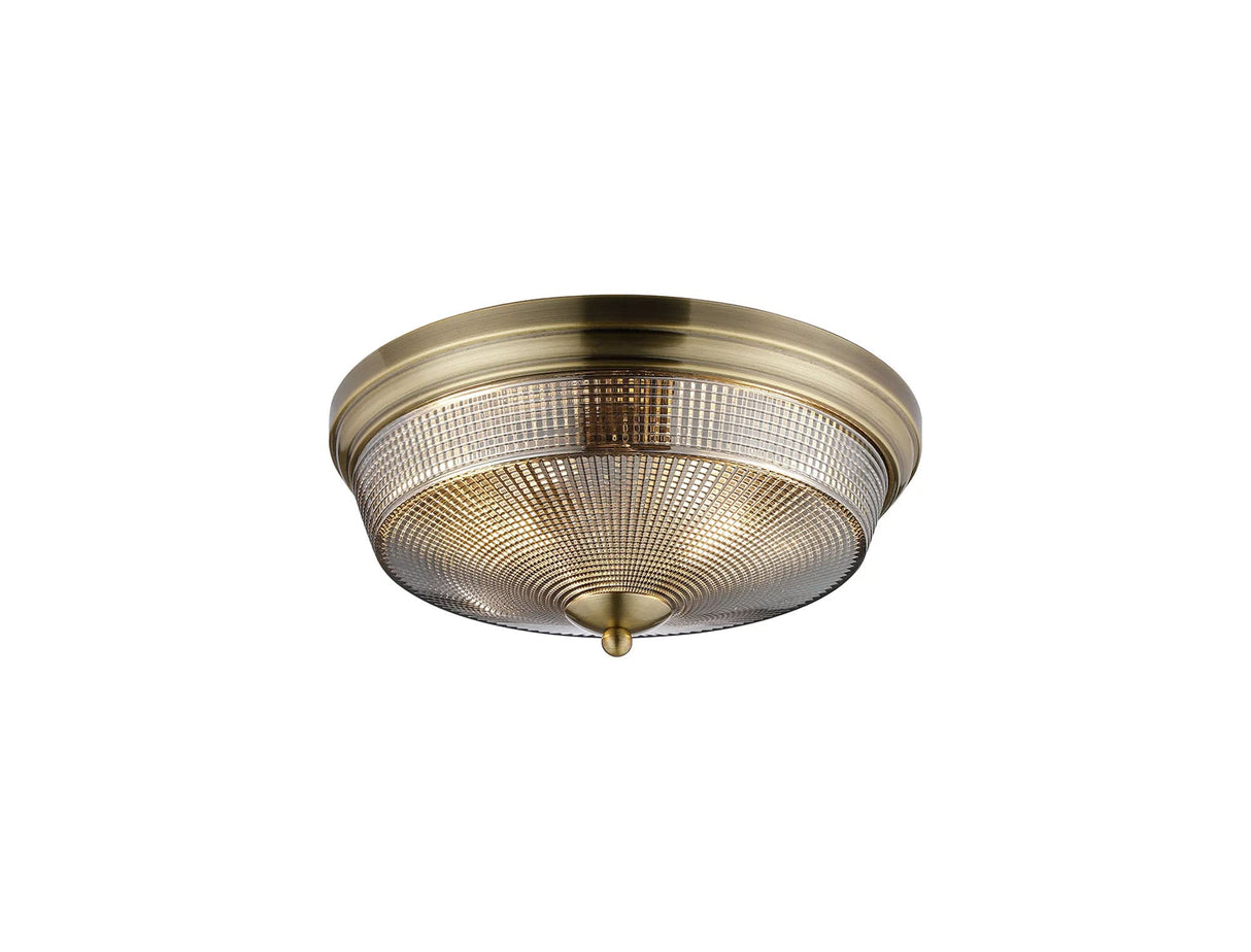 Gray 2 Light E27 Flush Ceiling Light, Antique Brass/Smoke Glass