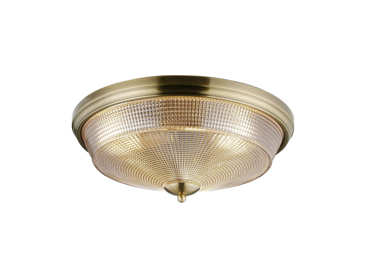 Gray 3 Light E27 Flush Ceiling Light, Antique Brass/Amber Glass
