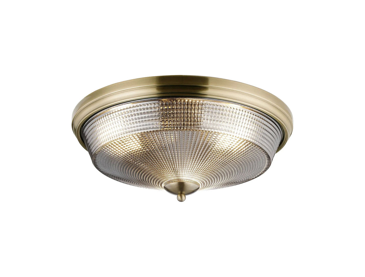 Gray 3 Light E27 Flush Ceiling Light, Antique Brass/Smoke Glass