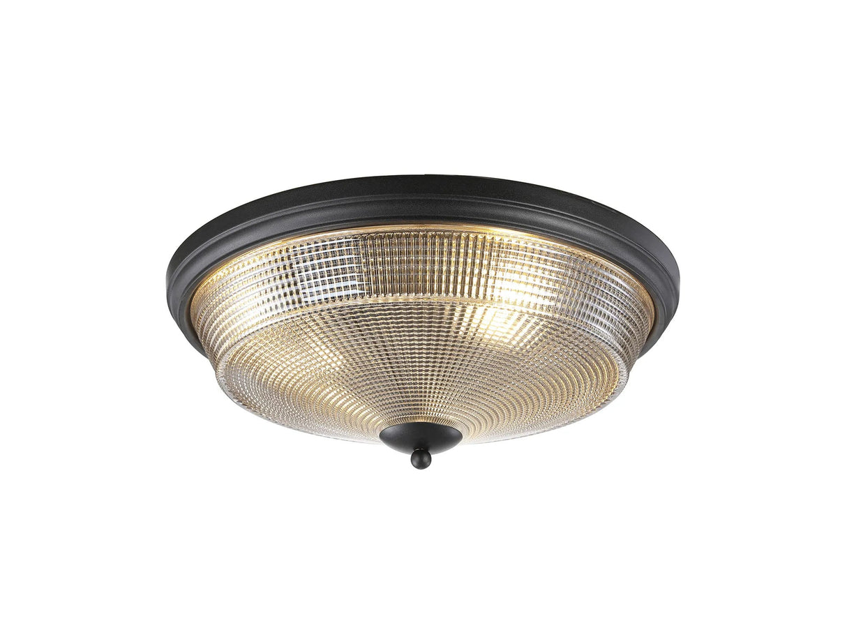 Gray 3 Light E27 Flush Ceiling Light, Satin Black/Amber Glass