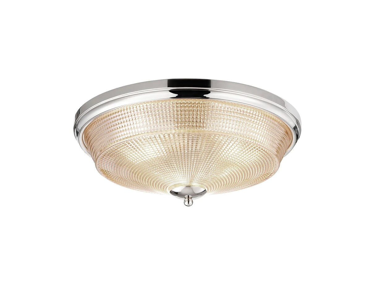 Gray 3 Light E27 Flush Ceiling Light, Polished Nickel/Amber Glass