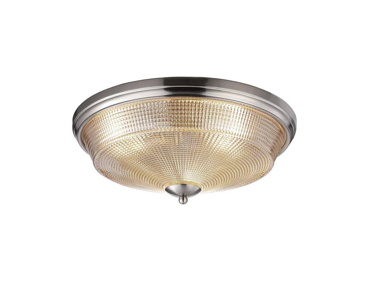 Gray 3 Light E27 Flush Ceiling Light, Satin Nickel/Amber Glass