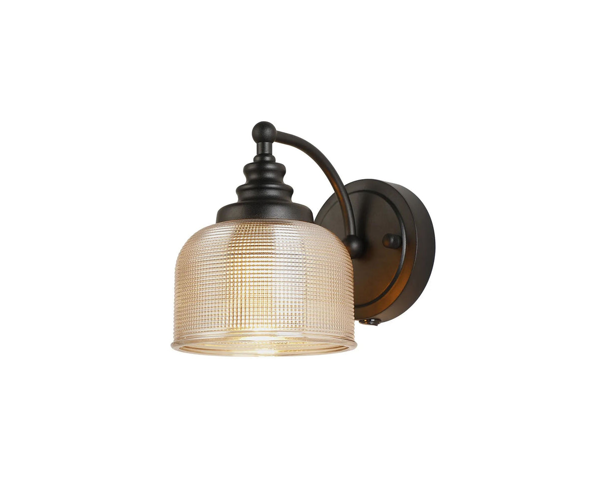 Gray Switched Wall Light, 1 Light E27 Satin Black/Amber Glass
