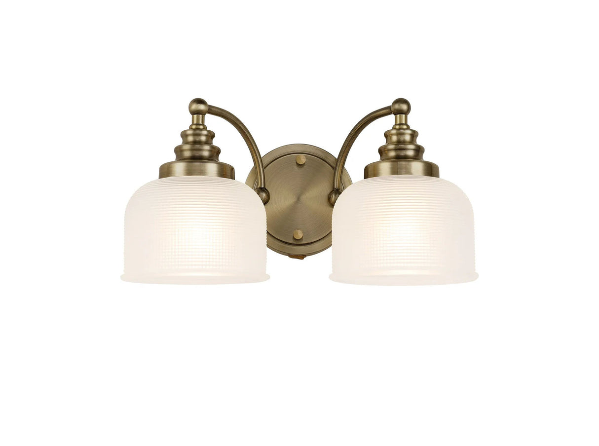 Gray Switched Double Wall Light, 2 Light E27 Antique Brass/Frosted Glass