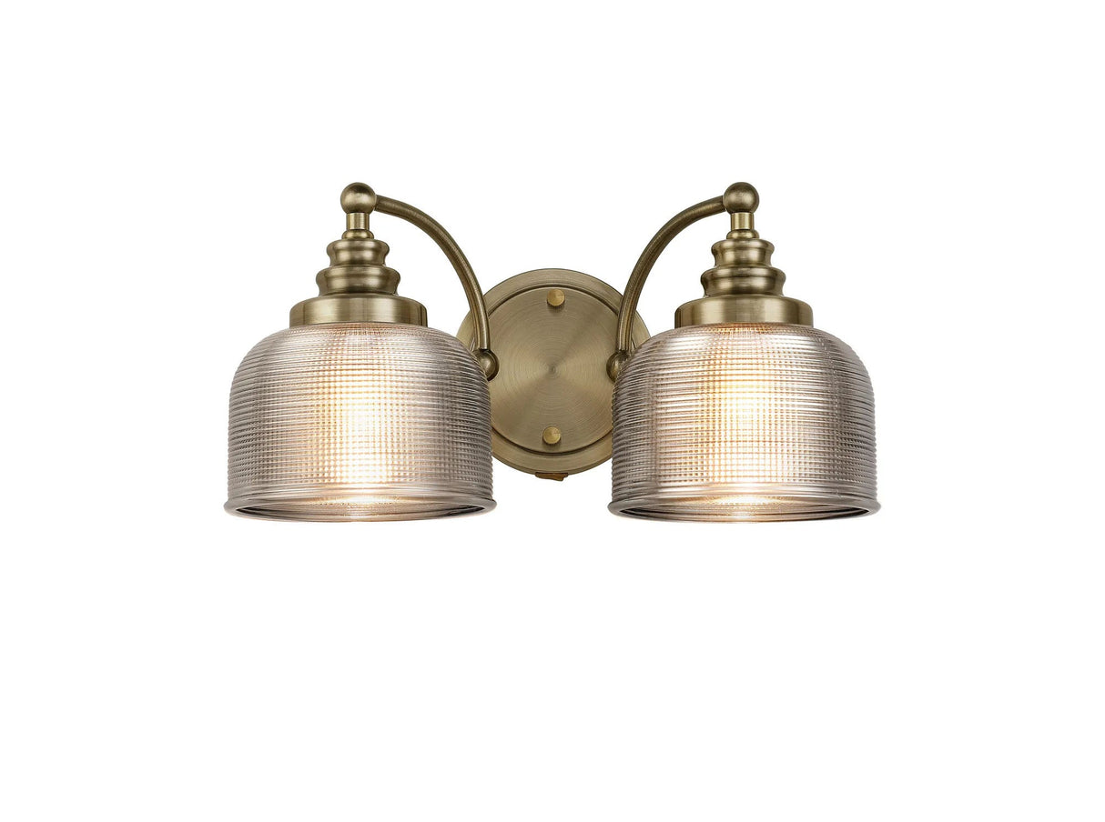 Gray Switched Double Wall Light, 2 Light E27 Antique Brass/Smoke Glass