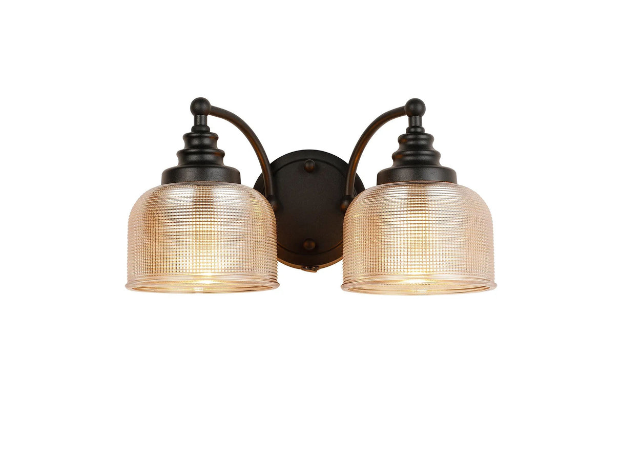 Gray Switched Double Wall Light, 2 Light E27 Satin Black/Amber Glass